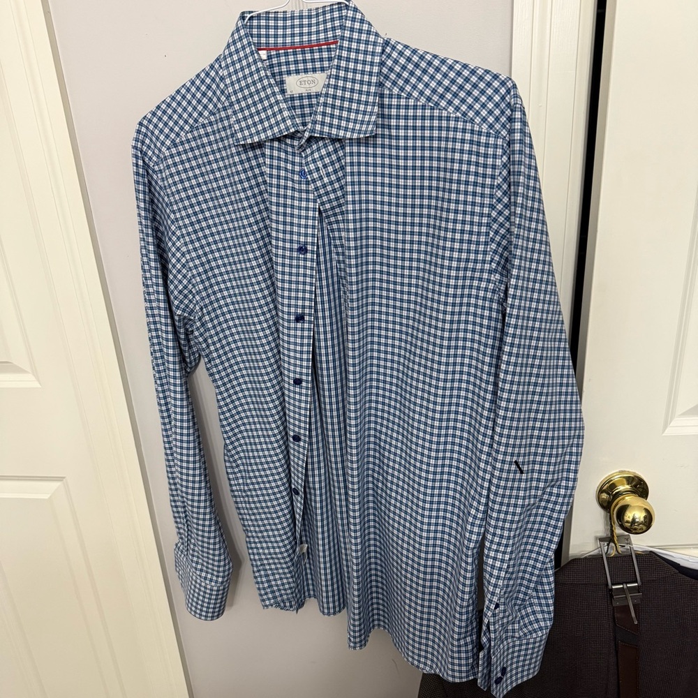Men's Eton Gingham Blue Checkered Shirt size 43 Slim